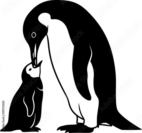 Penguin feeding its chick silhouette profile view