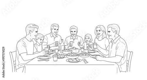 Family gathering around dinner table in linear style