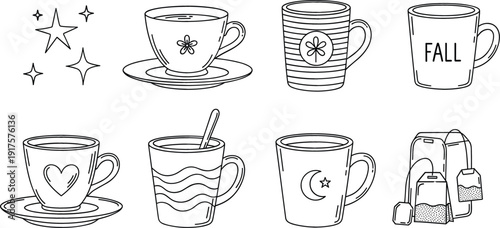 Coffee And Tea Mug Line Icon Set Featuring Cute Cups Backpack And Fall Design Vector Illustration Collection