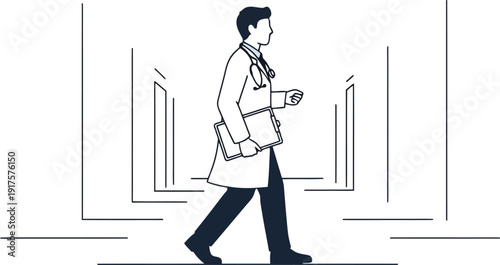 Physician walking through hospital hallway line art drawing
