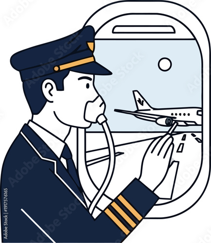 Pilot wearing oxygen mask looking out cockpit window