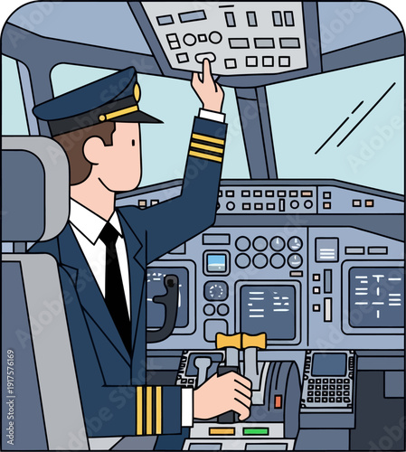 Pilot reaching for overhead controls in airplane cockpit
