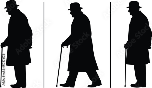 Elderly Man Walking With Cane Silhouette Set Senior Person Side View Vector Illustration Isolated Black Figure Collection