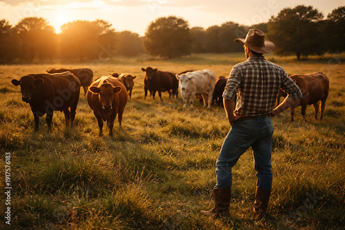 A rancher surveying his cattle grazing peacefully in a field at sunset