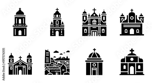 Collection of linear church icons featuring traditional architectural designs