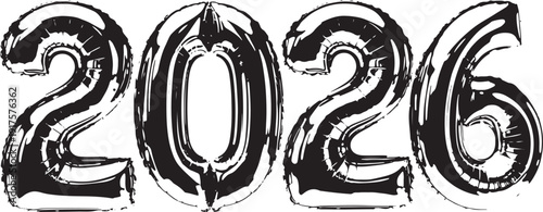 Cartoon 2026 numbers made of shiny balloons with a festive bow on each digit.