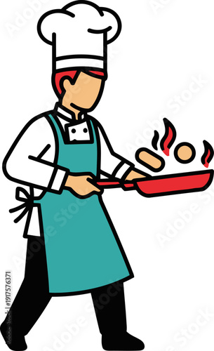 Professional cook sauteing ingredients in frying pan with kitchen apron