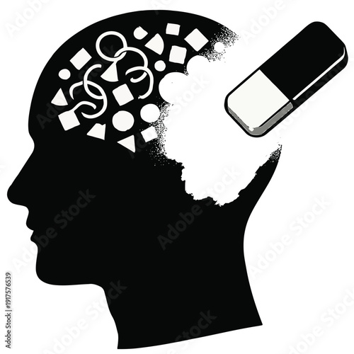 Human profile silhouette with cluttered shapes erased, symbolizing mental reset and decluttering on a white background.