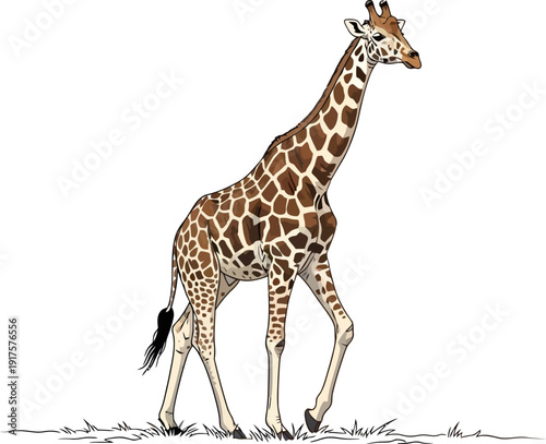 Realistic illustration of a giraffe walking across the savanna