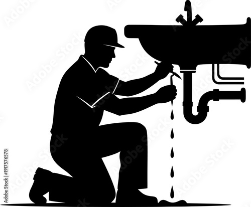 Repairman fixing leaking kitchen sink pipe silhouette