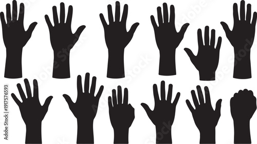 Black silhouettes of raised hands on white background illustration