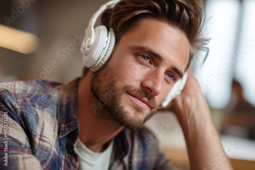 Young man relaxing with headphones at home