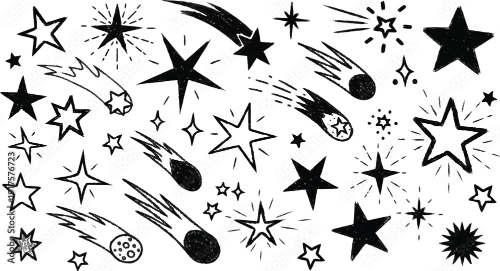 Fototapeta premium Hand drawn star spark doodle element icon set. Hand drawn sketch doodle style. Light decoration background. 