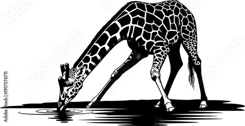 Silhouette of a giraffe drinking water at a savanna pond