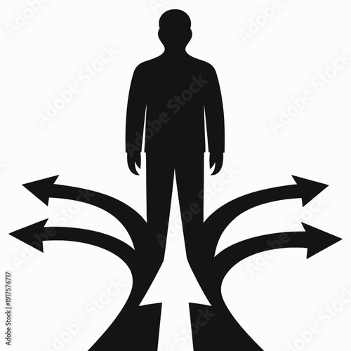 Vector silhouette stands at a crossroads of fading arrows, finding one clear path, illustrating decision making, focus, and clarity on a white background.