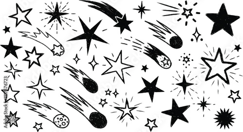 Hand drawn star spark doodle element icon set. Hand drawn sketch doodle style. Light decoration background. 