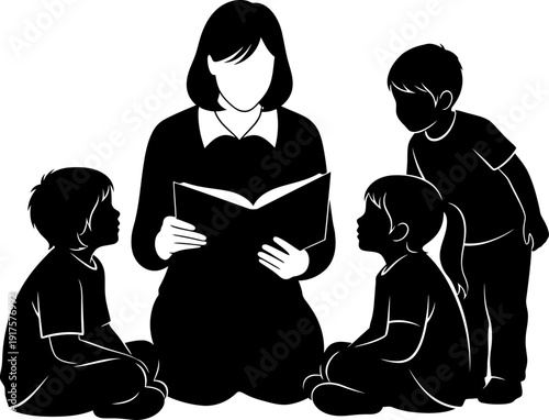 Silhouette of teacher reading story book to group of children