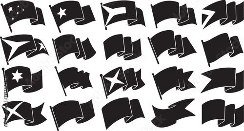 Collection of black flags with various designs and symbols