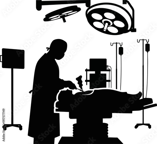Surgeon performing a medical operation in a modern theater silhouette