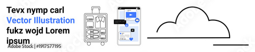 Travel, digital technology, minimalist design, transportation, cloud storage, creative media. Luggage with clothes, smartphone interface abstract cloud line. Travel and digital technology concepts