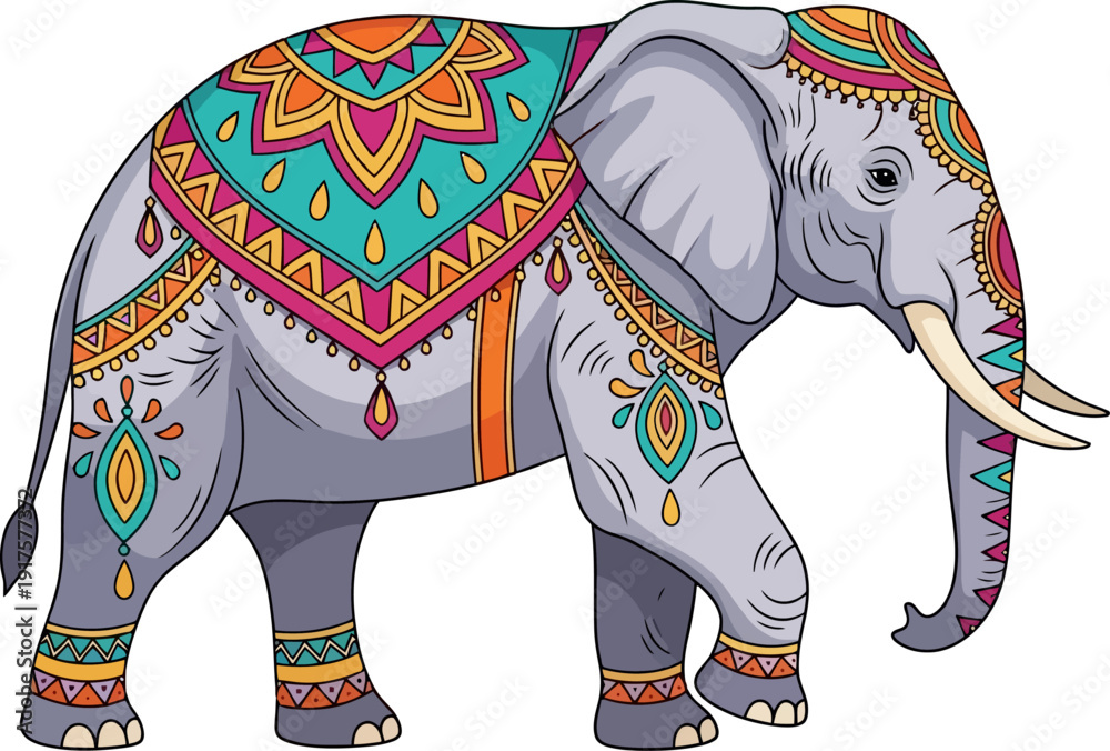 Obraz premium Vibrant indian elephant illustration with colorful patterns