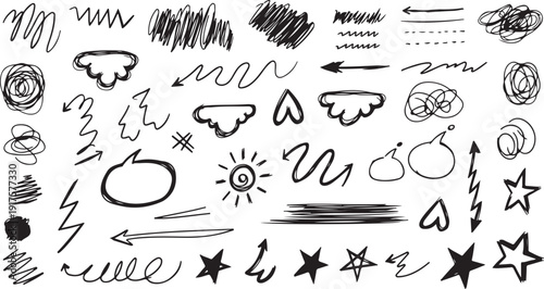 Geometric doodle seamless pattern with different brush strokes. Hand drawn contemporary geometric background. Chaotic ink brush scribbles decorative texture.