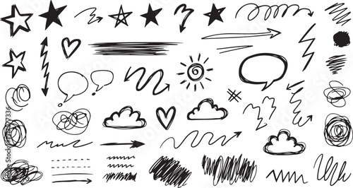 Geometric doodle seamless pattern with different brush strokes. Hand drawn contemporary geometric background. Chaotic ink brush scribbles decorative texture.