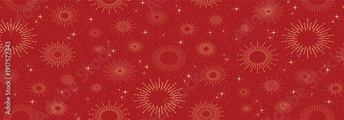 Christmas background, red holiday pattern, gold fireworks