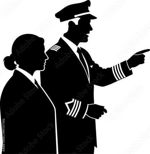 Uniformed pilots in silhouette with captain pointing forward