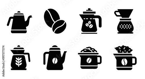 Minimalist coffee icons set featuring pots and beans in bold silhouette design