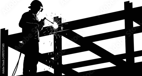 Welder silhouette working on a metal frame with bright sparks