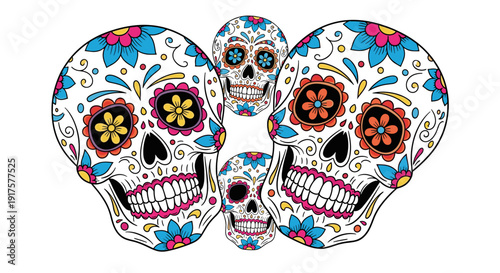 Colorful day of the dead sugar skulls with floral patterns