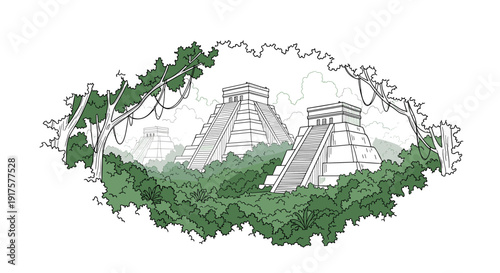 Ancient mayan pyramids amidst jungle in detailed linear art design