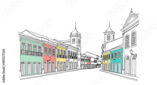 Colorful colonial street scene in linear style with historical architecture