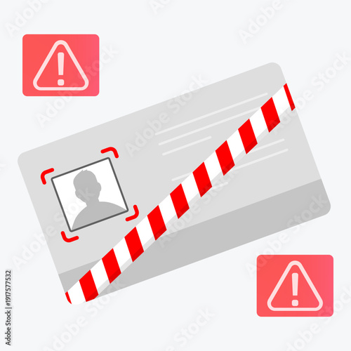 Identity verification failure with blocked ID card and warning alerts, symbolizing access denial, security risk and digital authentication problem