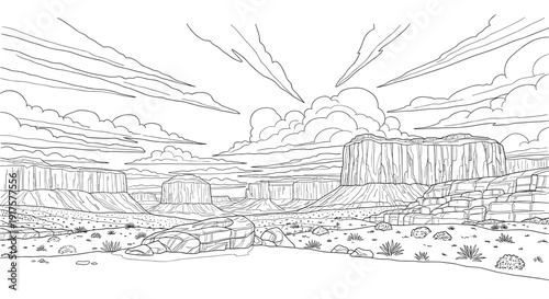 Black and white linear desert landscape with dramatic sky and canyon views