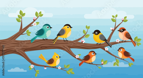 Adorable group of colorful cartoon singing birds perched happily upon blooming spring tree branches under a bright blue sky