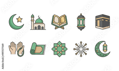 Icon set representing symbols and elements of islamic culture and faith Vector