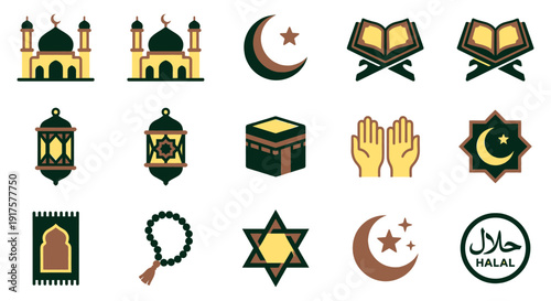 Iconographic symbols representing various aspects of islamic culture and faith Vector