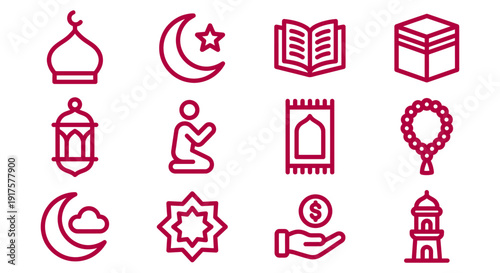 Iconographic symbols representing islamic culture, traditions, and significant elements Vector
