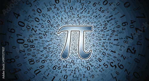 Digital illustration prominently featuring the Greek letter Pi symbol against a swirling blue background filled with complex numerical digits and mathematical variables.