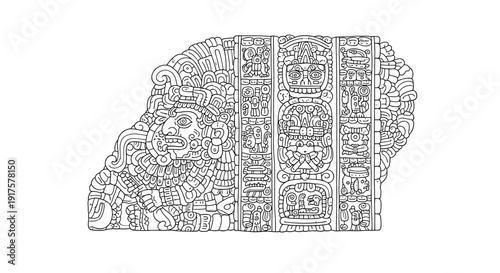 Intricate mayan relief outline featuring ancient mythological symbols and figures