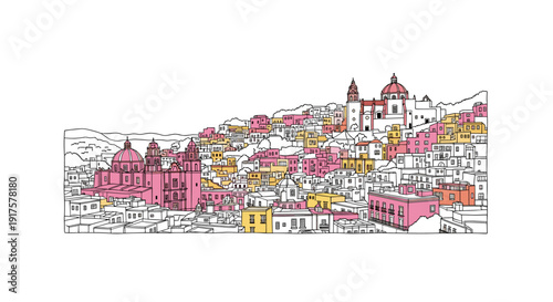 Colorful architectural cityscape with historic buildings in a line art style