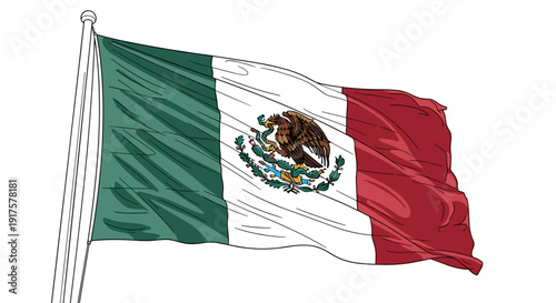 Waving mexican flag with detailed eagle emblem and flagpole illustration
