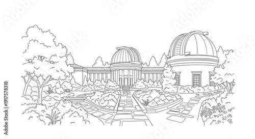 Line art observatory with garden landscape and pathway