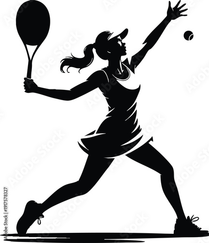 Silhouette of a Female Tennis Player Serving, Minimalist Vector Illustration of Professional Court Athletics, vector, illustration, silhouette.