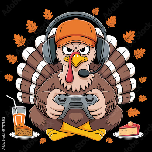 A cartoon turkey wears headphones and an orange cap while holding a game controller. Autumn leaves and pieces of pie surround the turkey.