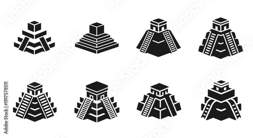 Set of mesoamerican pyramid symbols in monochrome silhouette style