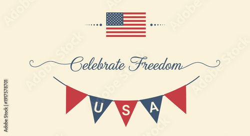 Patriotic banner icon with USA flags and Celebrate Freedom text, isolated on beige background