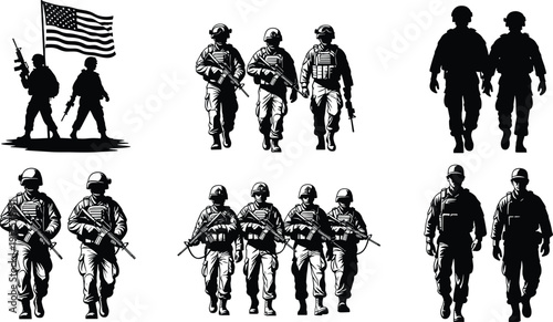 Collection of military soldiers silhouettes with rifles and American flag, black and white army team vector illustration isolated on white background